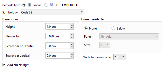 An example configuration for a Code 39 barcode.